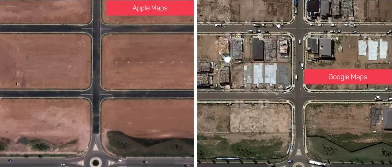 Apple Maps screenshot of bare dirt with brand new suburban roads for 6 blocks, and Google Maps screenshot of a a few houses under construction