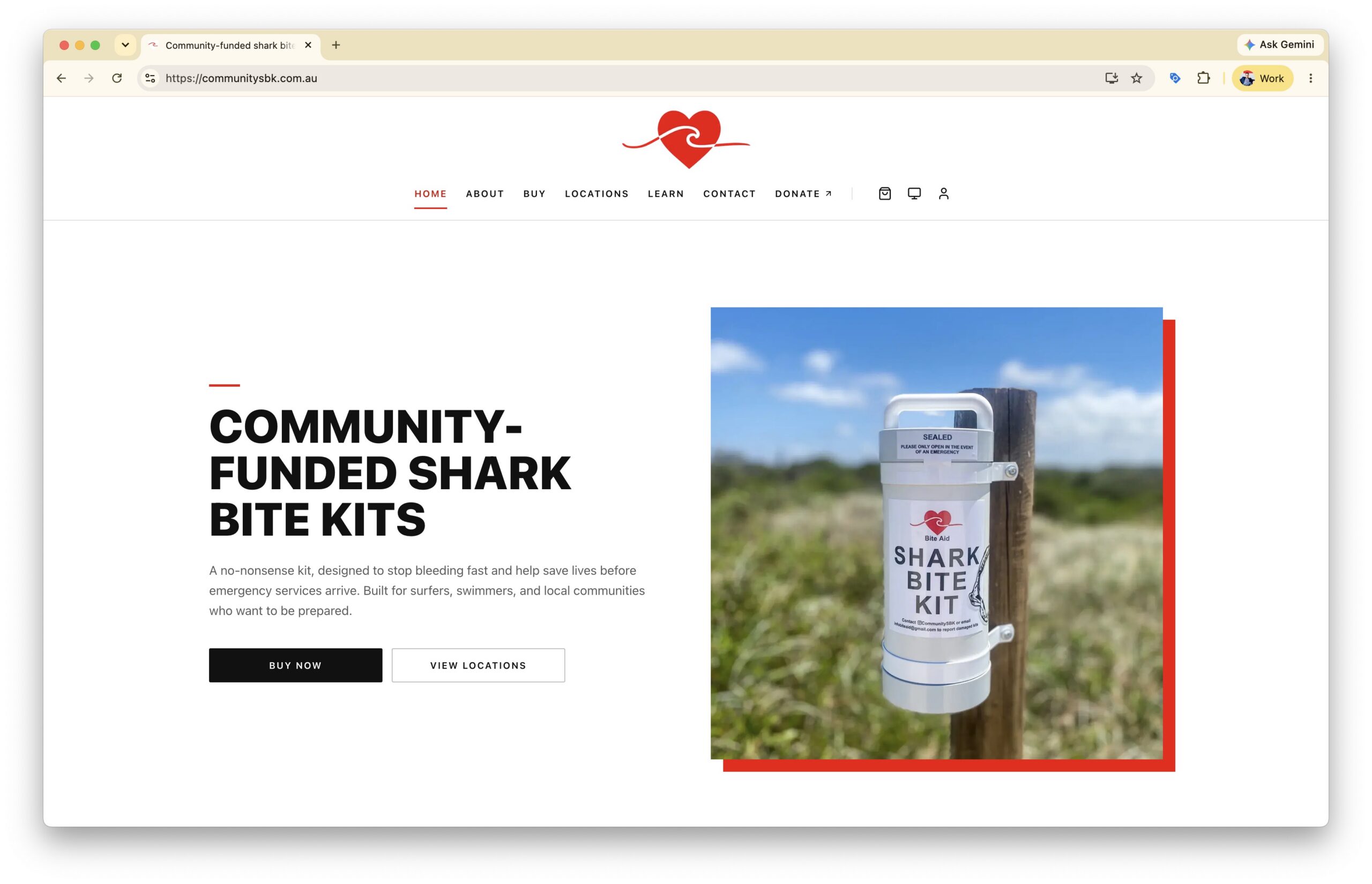 Hero section: bold headline 'COMMUNITY-FUNDED SHARK BITE KITS' with a photo of a Shark Bite Kit mounted on a fence post to the right